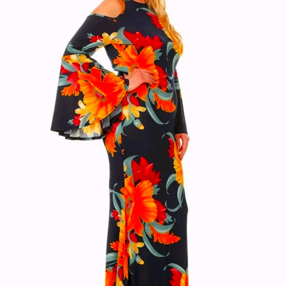 Navy Blue Floral Bell Sleeves Cut Out Cold Shoulde